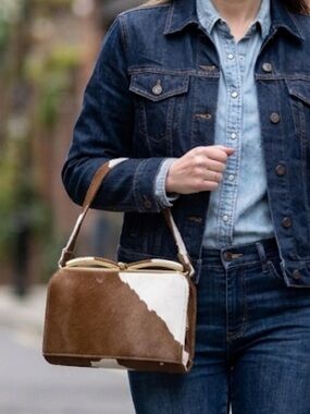 Brown & White Cowhide Shoulder Bag with Gold Frame
